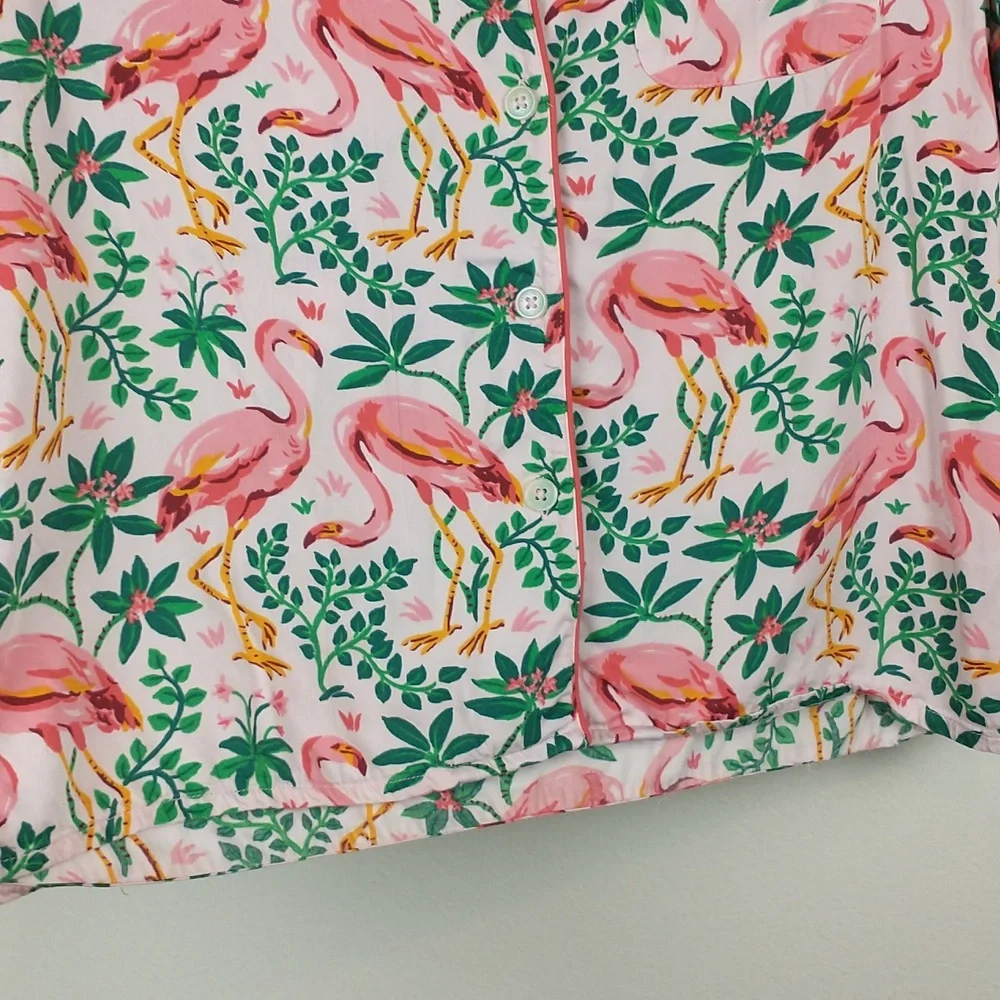 Printfresh Flock of Flamingos Pajama Top Womens XS Viscose Short Sleeve Button